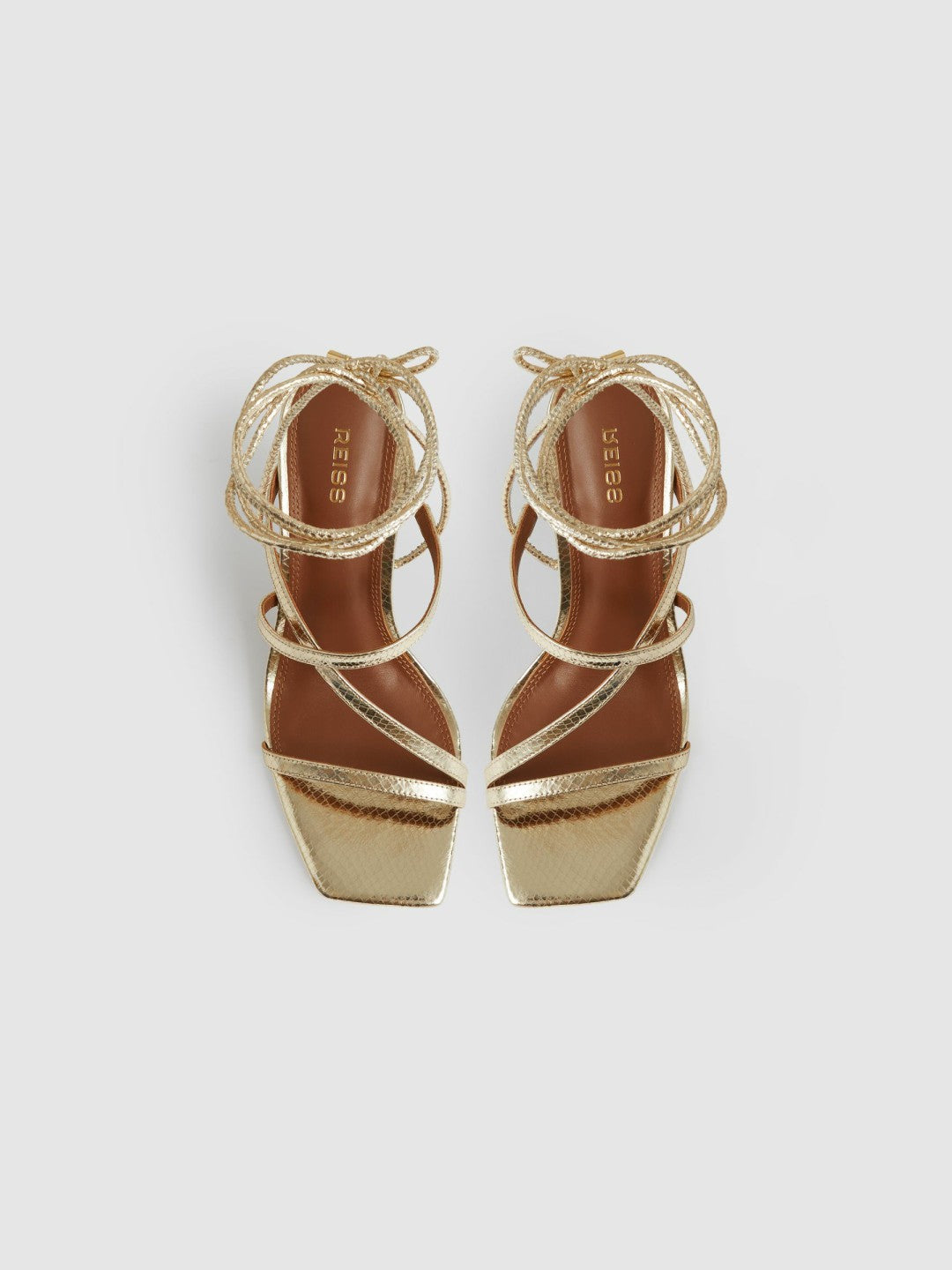 Women Leather Metallic Strappy Heeled Sandals in Gold
