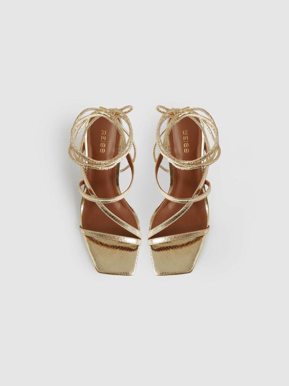Women Leather Metallic Strappy Heeled Sandals in Gold