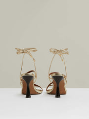 Women Leather Metallic Strappy Heeled Sandals in Gold