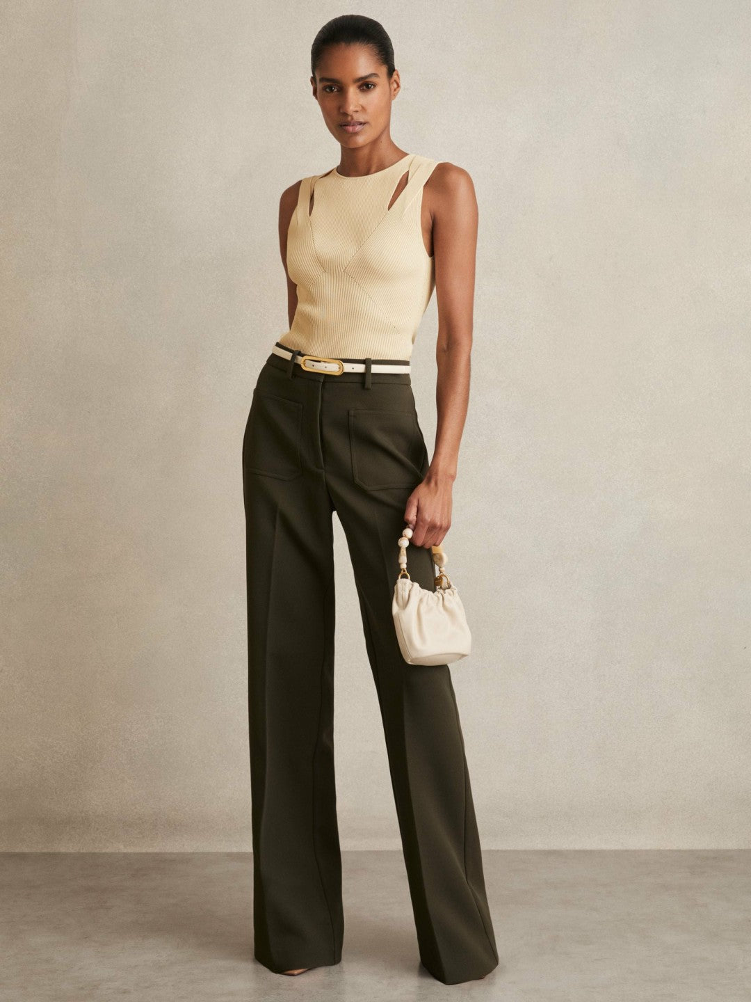 Women Cut-Out Rib-Knit Vest in Cream