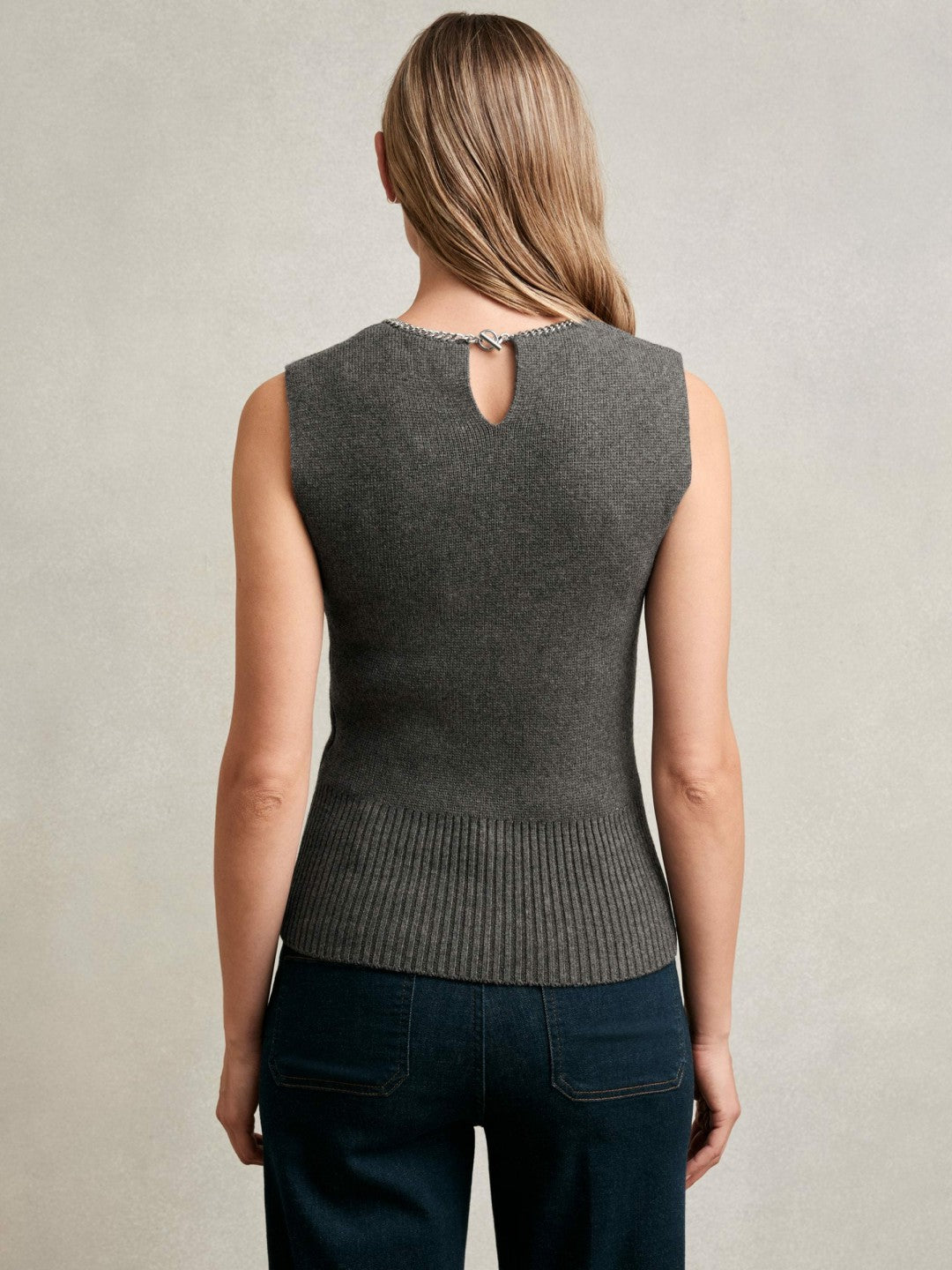 Women Wool-Blend Necklace-Trim Knitted Vest in Charcoal Grey