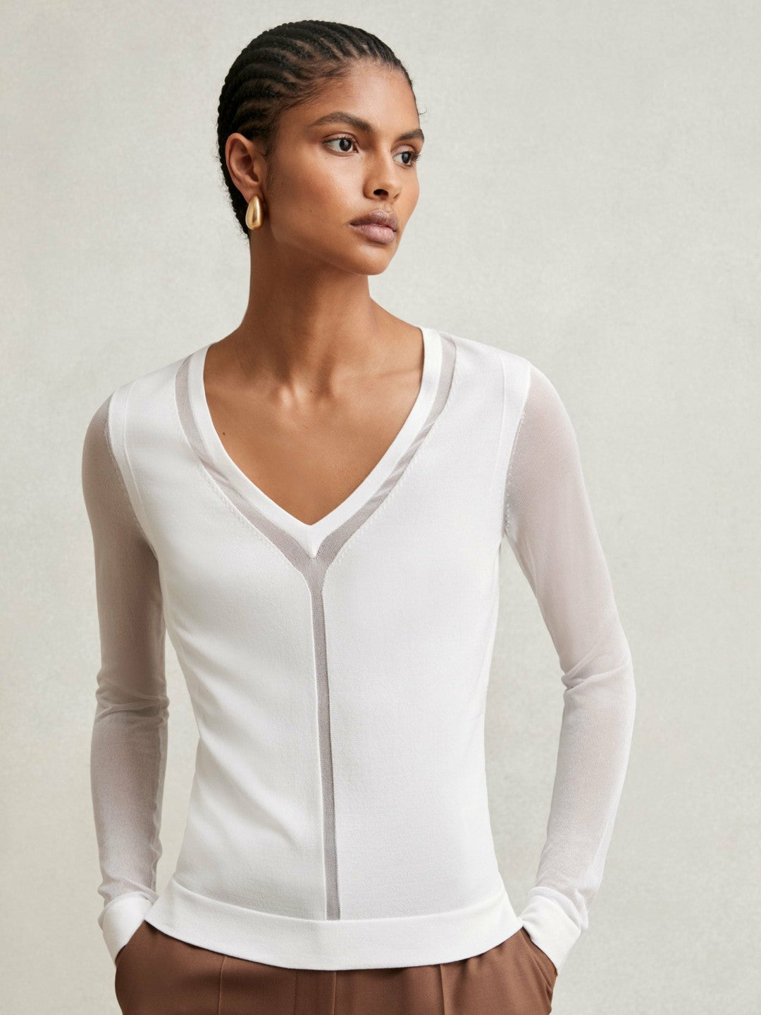 Women Sheer-Detail V-Neck Top in White
