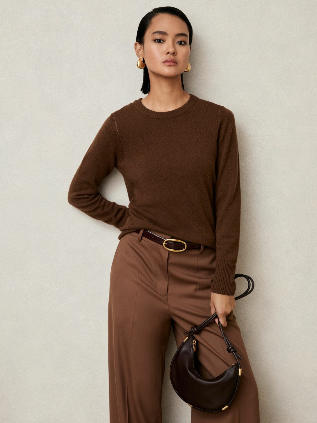 Women Wool-Blend Open-Stitch Jumper with Cashmere in Toffee Brown