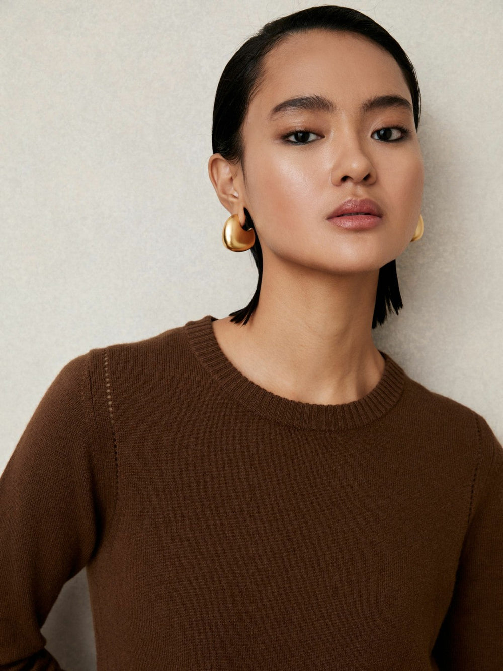 Women Wool-Blend Open-Stitch Jumper with Cashmere in Toffee Brown