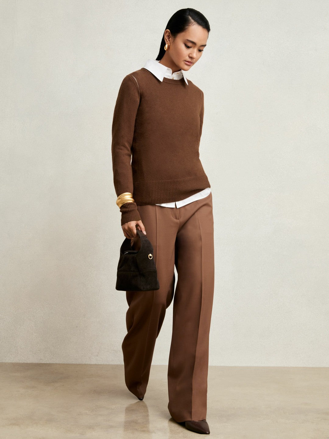 Women Wool-Blend Open-Stitch Jumper with Cashmere in Toffee Brown