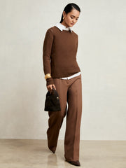 Women Wool-Blend Open-Stitch Jumper with Cashmere in Toffee Brown