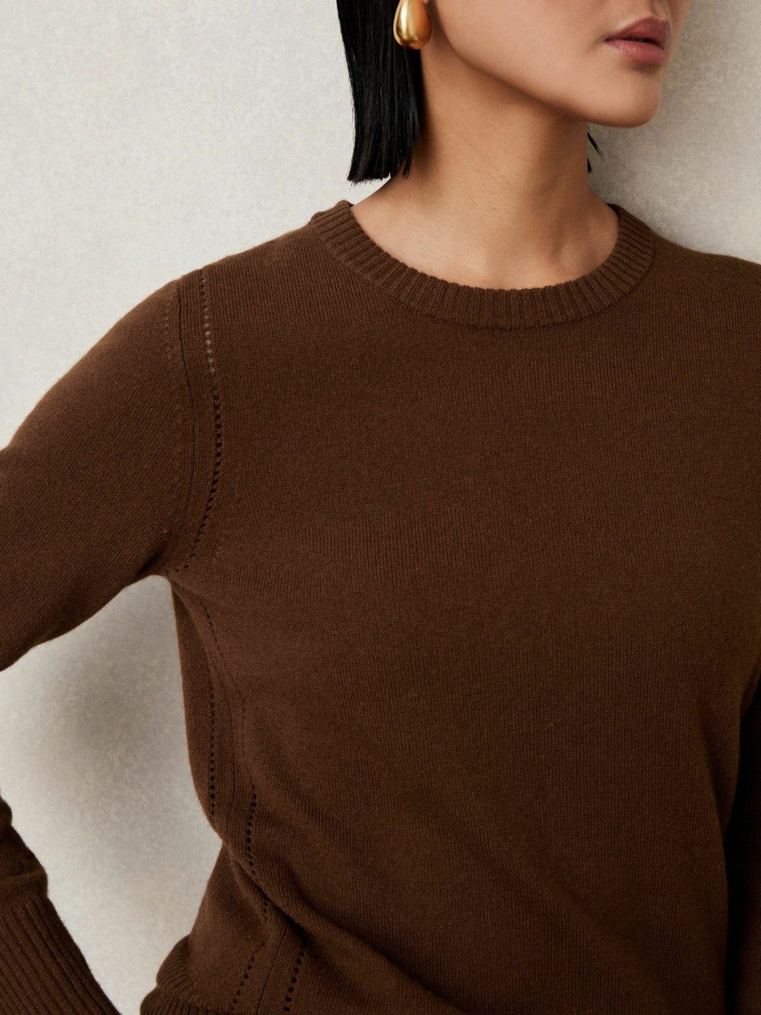 Women Wool-Blend Open-Stitch Jumper with Cashmere in Toffee Brown