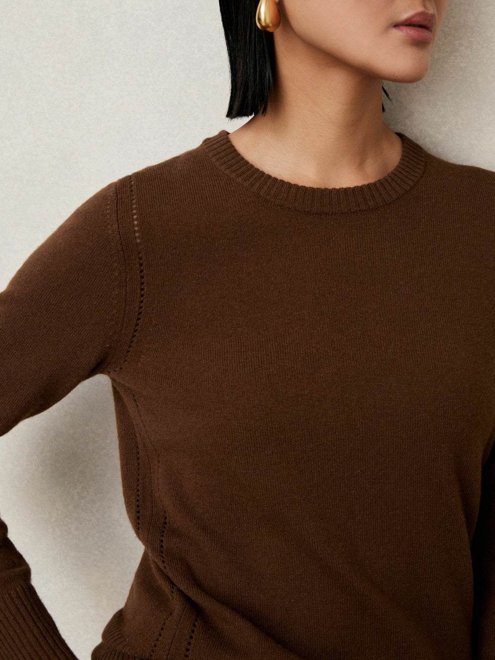 Women Wool-Blend Open-Stitch Jumper with Cashmere in Toffee Brown