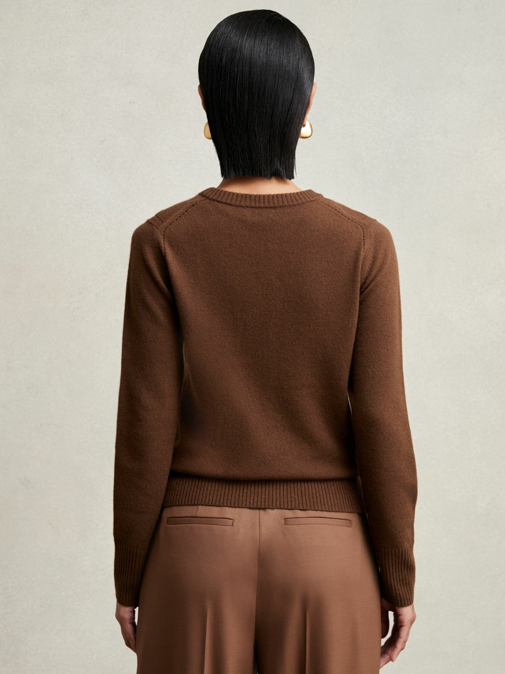 Women Wool-Blend Open-Stitch Jumper with Cashmere in Toffee Brown