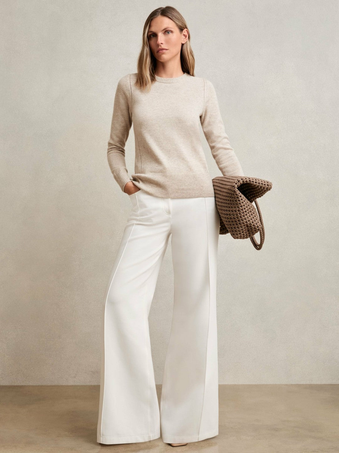 Women Wool-Blend Open-Stitch Jumper with Cashmere in Oatmeal Neutral