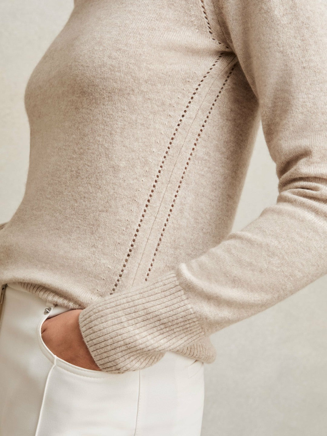 Women Wool-Blend Open-Stitch Jumper with Cashmere in Oatmeal Neutral