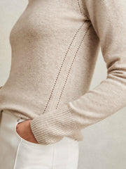 Women Wool-Blend Open-Stitch Jumper with Cashmere in Oatmeal Neutral