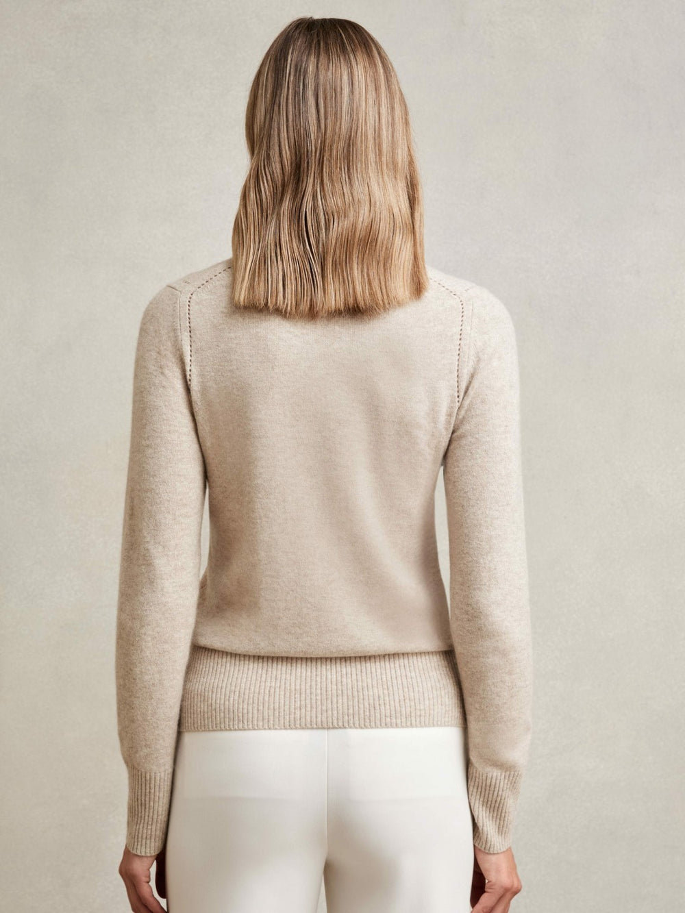 Women Wool-Blend Open-Stitch Jumper with Cashmere in Oatmeal Neutral