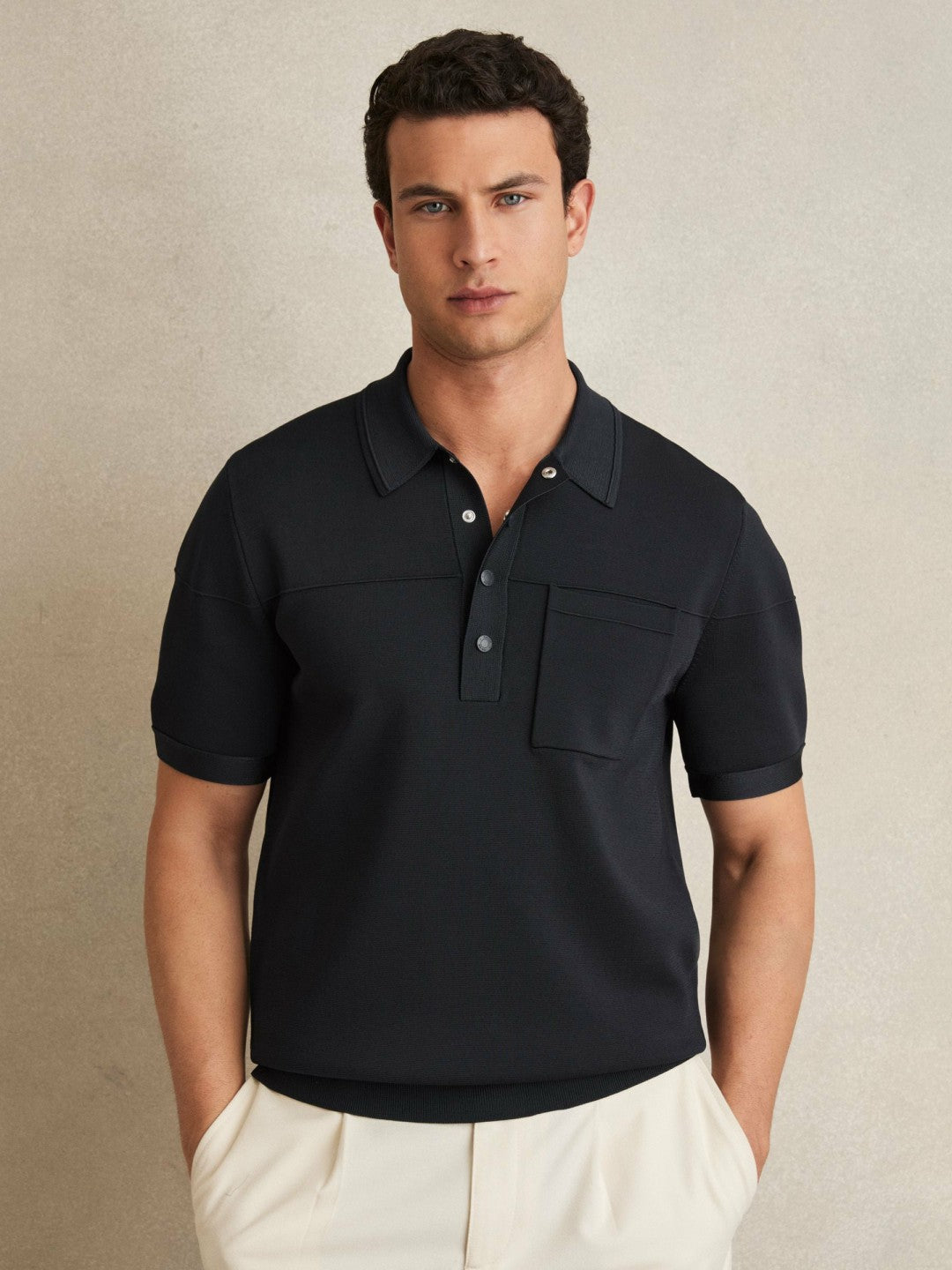 Men Press-Stud Seam-Detail Polo Shirt in Navy