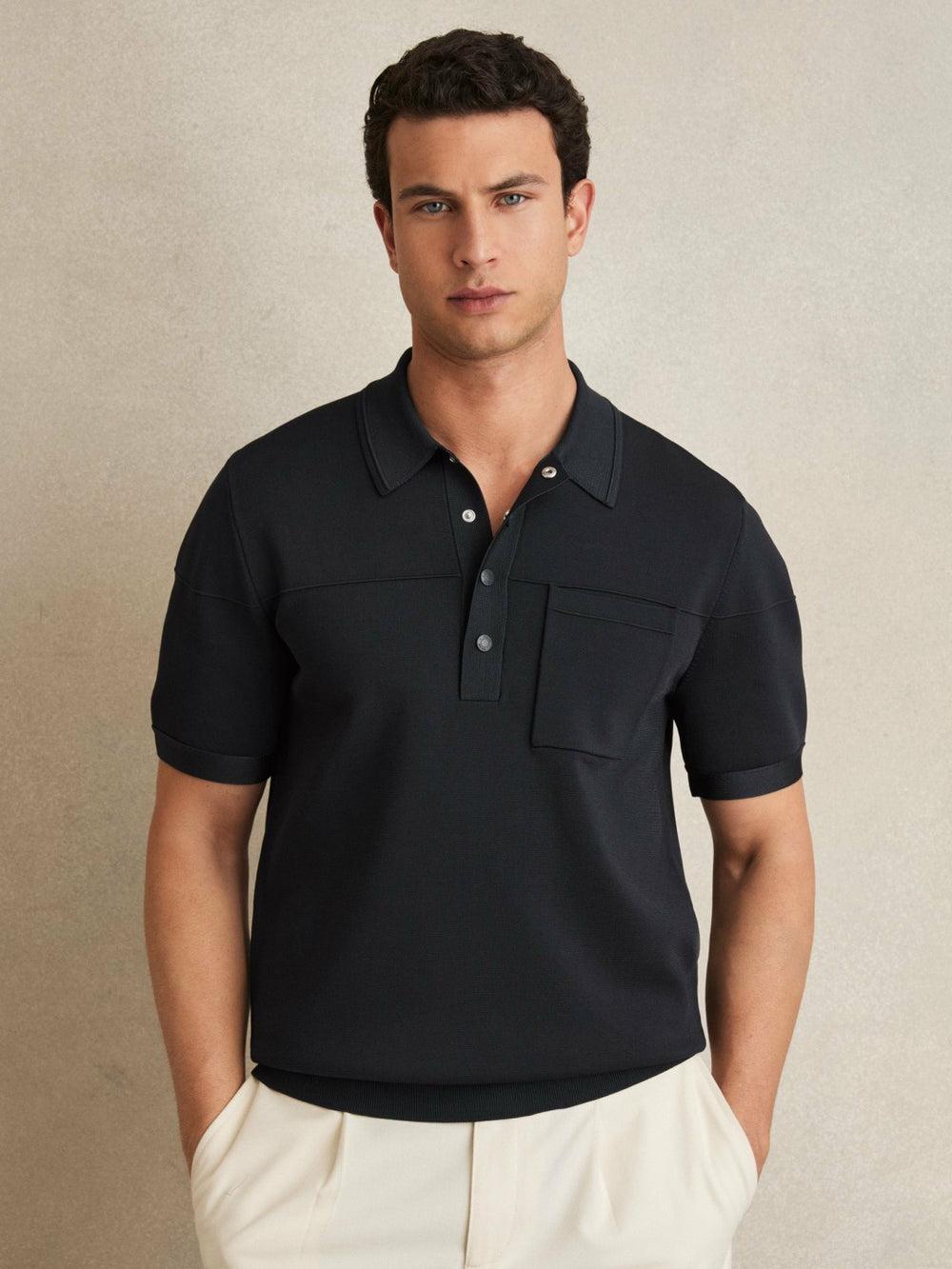 Men Press-Stud Seam-Detail Polo Shirt in Navy