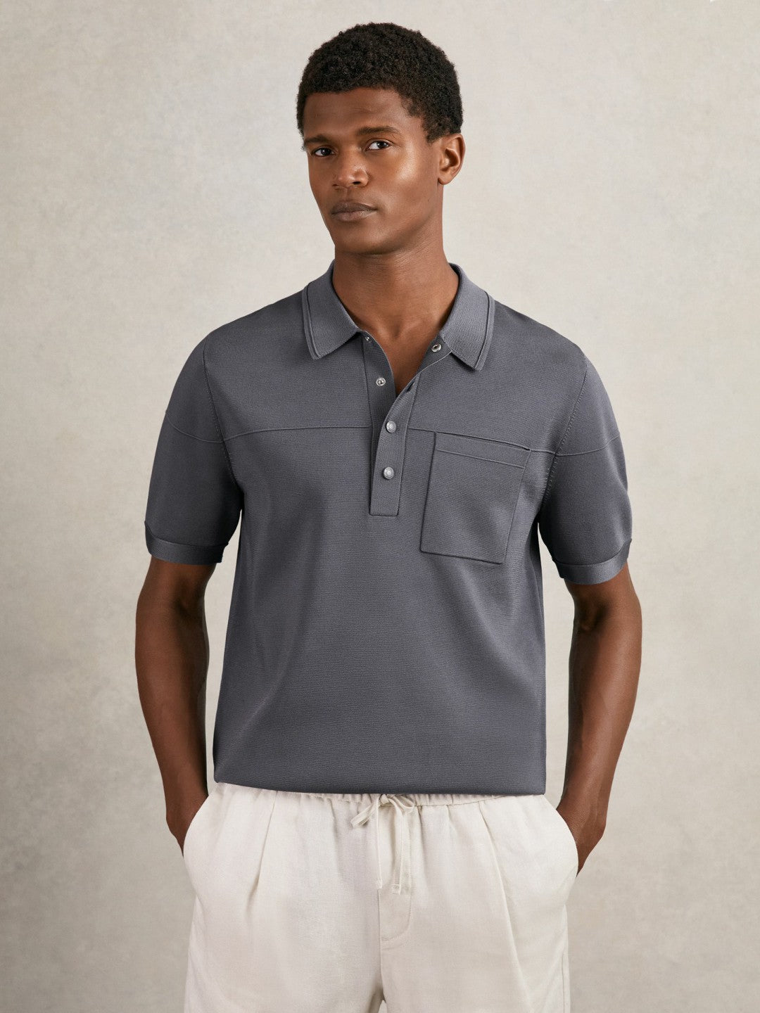 Men Press-Stud Seam-Detail Polo Shirt in Airforce Blue