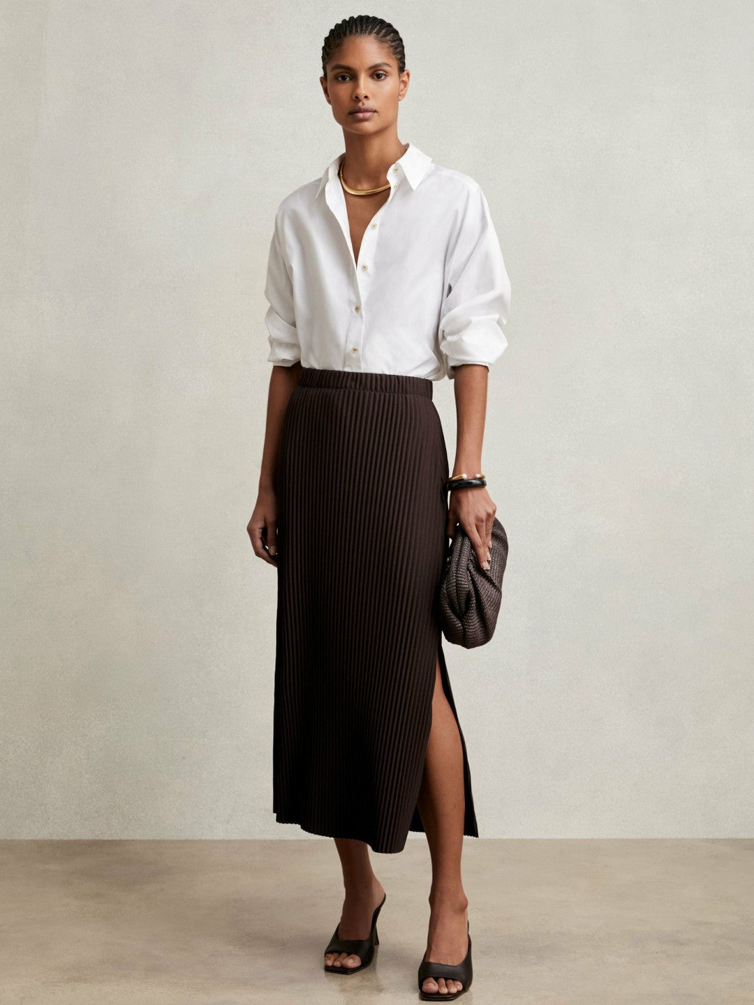 Women Pleated Jersey Midi Skirt in Burgundy