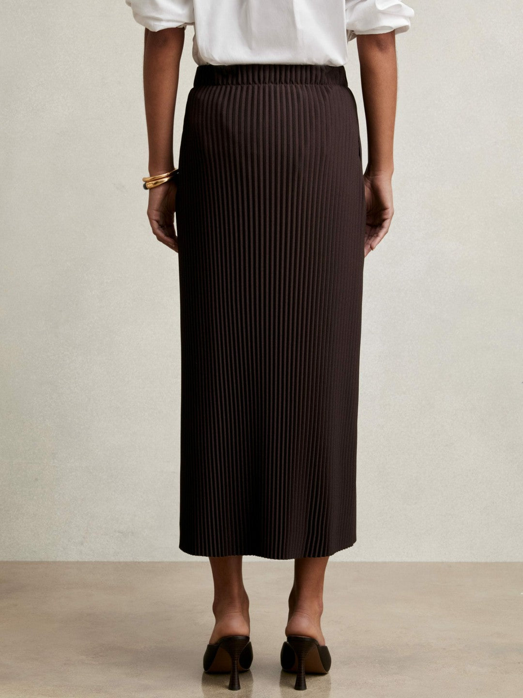 Women Pleated Jersey Midi Skirt in Burgundy