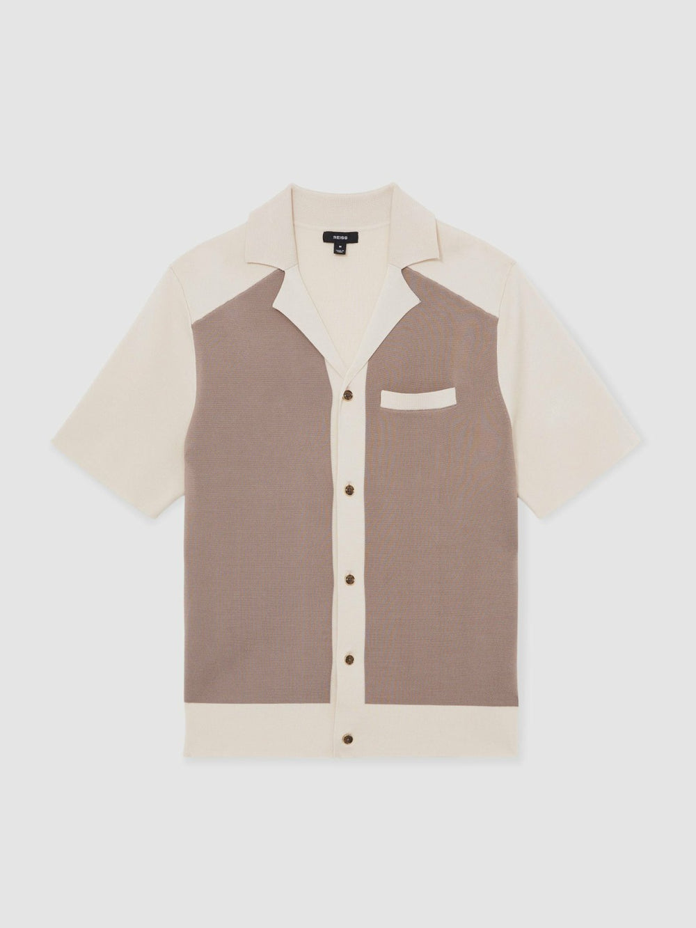Men Colour-Block Cuban-Collar Knit Shirt in Taupe Brown/Light Stone