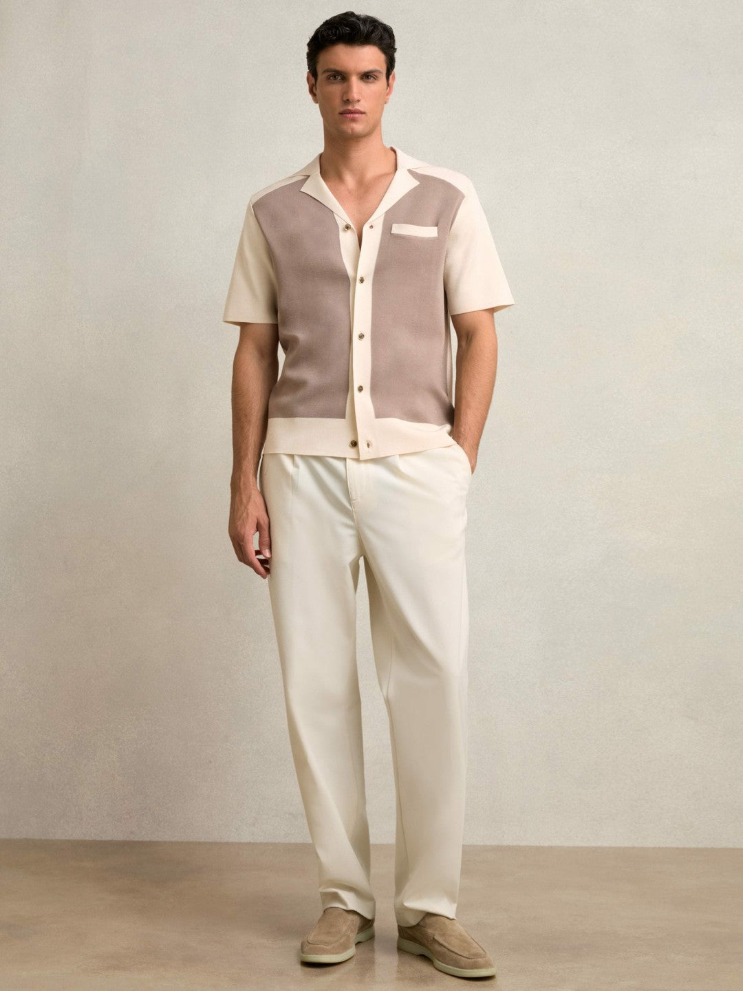Men Colour-Block Cuban-Collar Knit Shirt in Taupe Brown/Light Stone