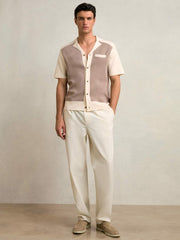 Men Colour-Block Cuban-Collar Knit Shirt in Taupe Brown/Light Stone