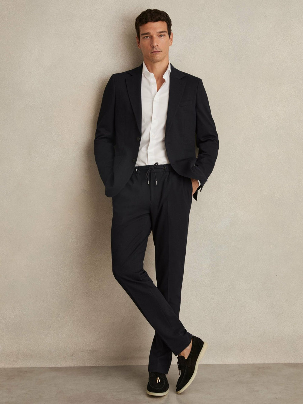 Men Slim Fit Jersey Drawstring Suit Trousers in Navy