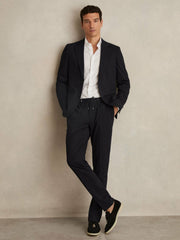 Men Slim Fit Jersey Drawstring Suit Trousers in Navy