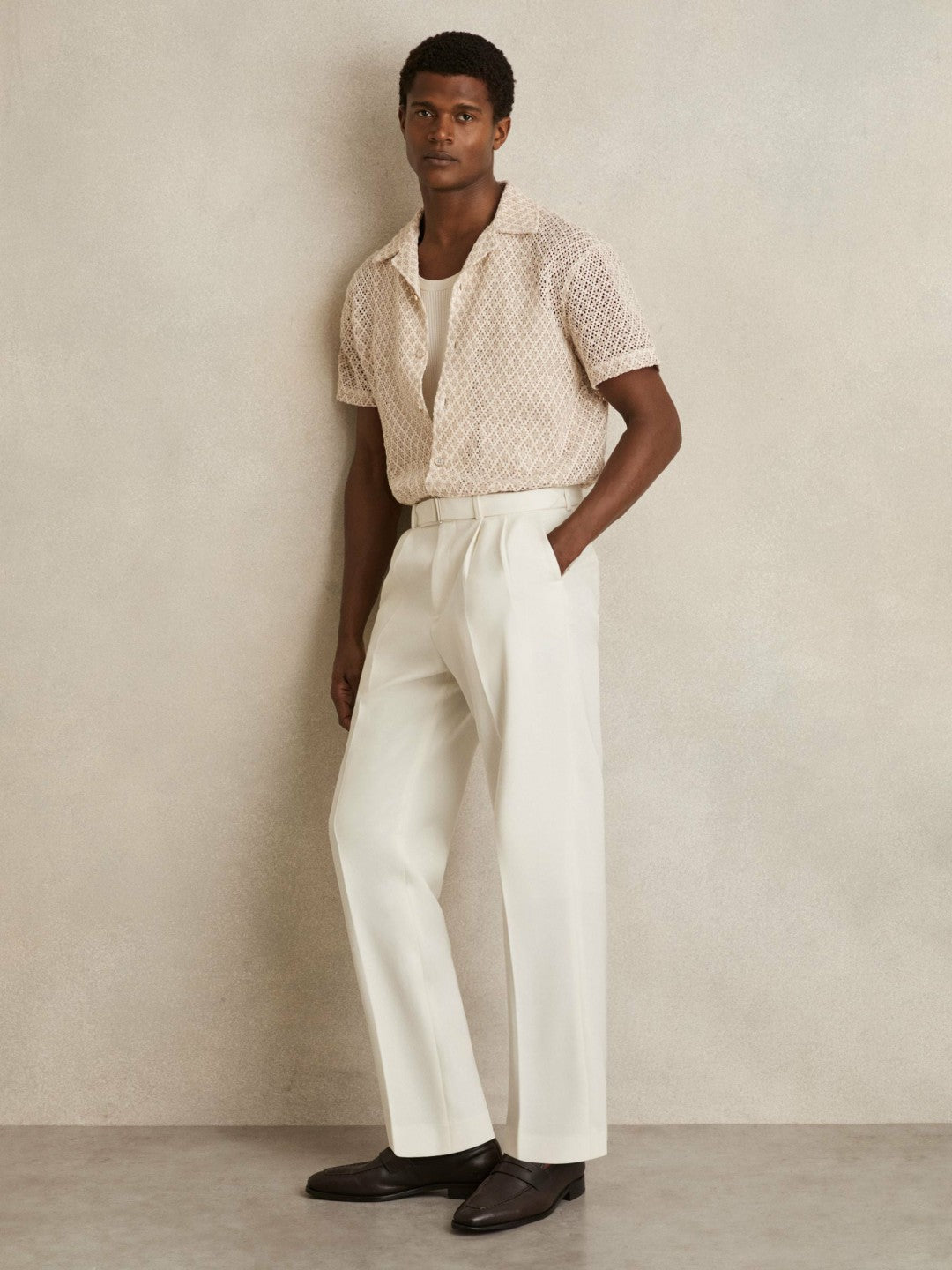 Men Wool-Blend Belted Pleated Trousers Regular-Fit in White