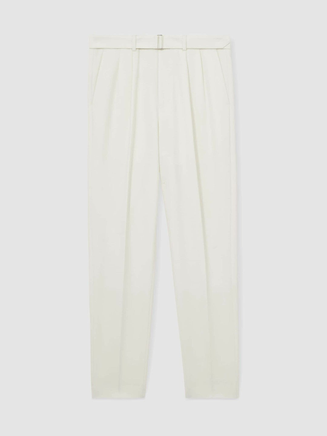Men Wool-Blend Belted Pleated Trousers Regular-Fit in White