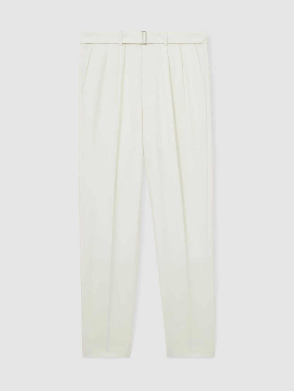 Men Wool-Blend Belted Pleated Trousers Regular-Fit in White