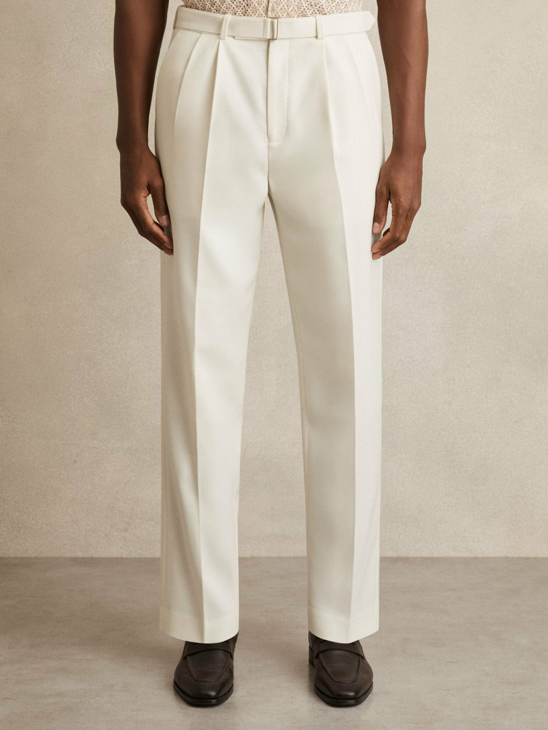 Men Wool-Blend Belted Pleated Trousers Regular-Fit in White