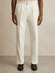 Men Wool-Blend Belted Pleated Trousers Regular-Fit in White