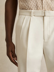 Men Wool-Blend Belted Pleated Trousers Regular-Fit in White