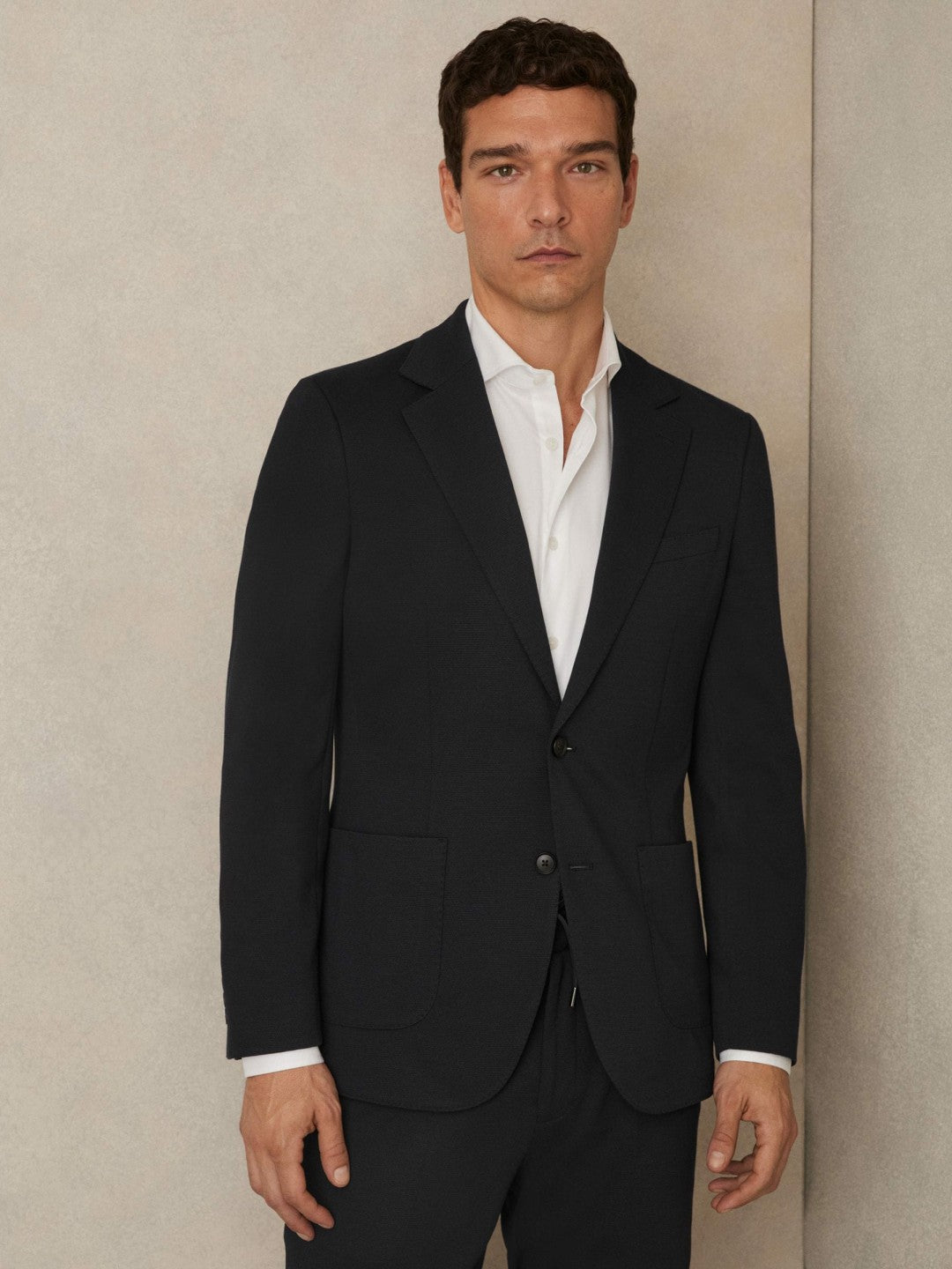 Men Slim-Fit Single-Breasted Jersey Suit Blazer in Navy