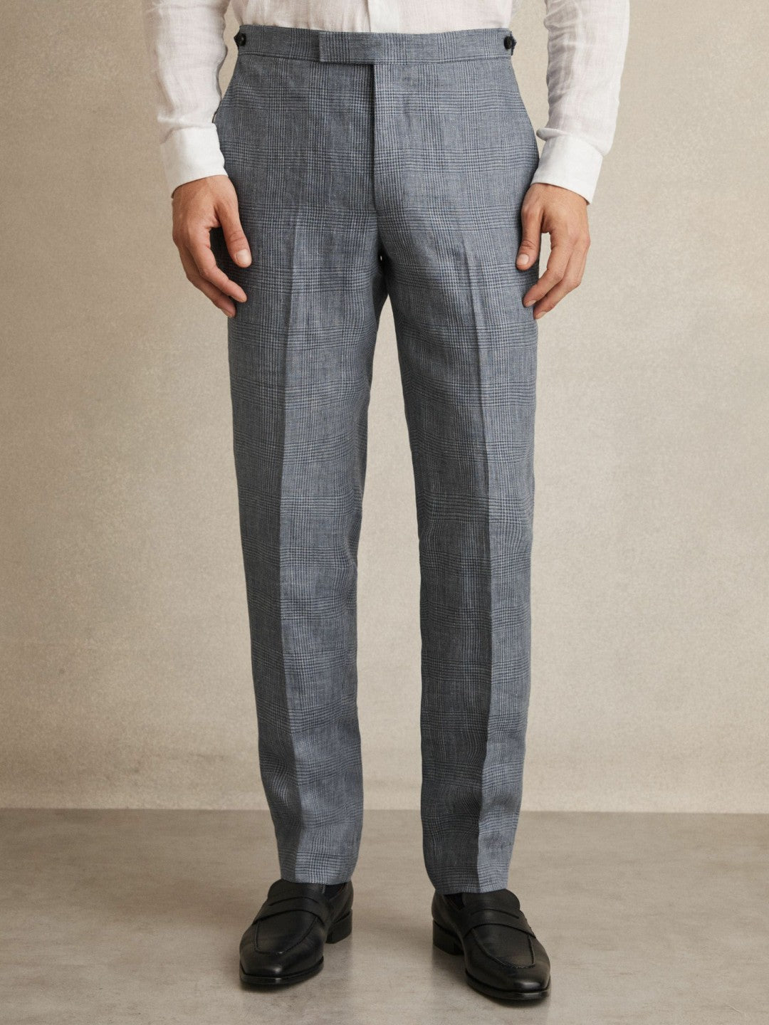 Men Slim Fit Linen Check Suit Trousers in Soft Blue