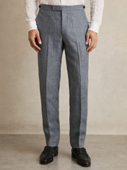 Men Slim Fit Linen Check Suit Trousers in Soft Blue