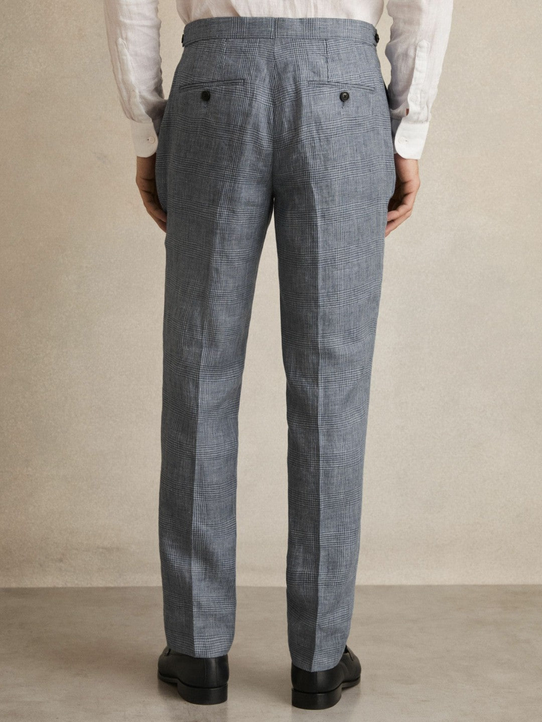 Men Slim Fit Linen Check Suit Trousers in Soft Blue
