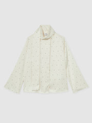 Women Satin Polka Dot Tie Neck Blouse in Ivory