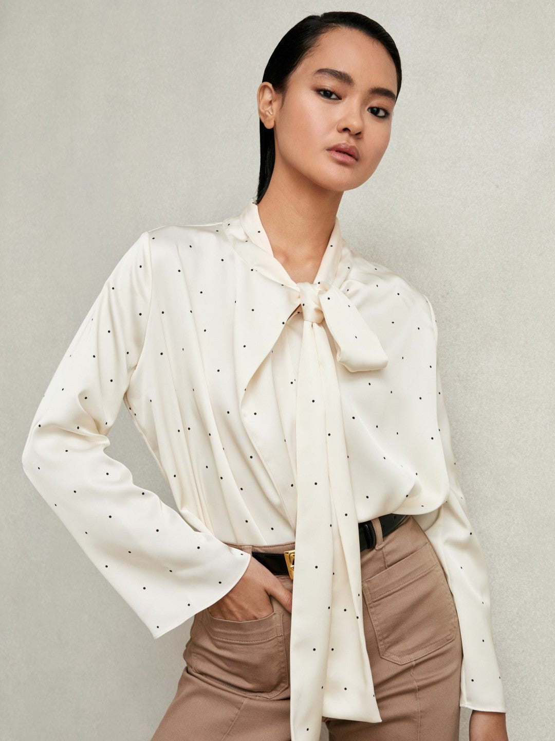 Women Satin Polka Dot Tie Neck Blouse in Ivory