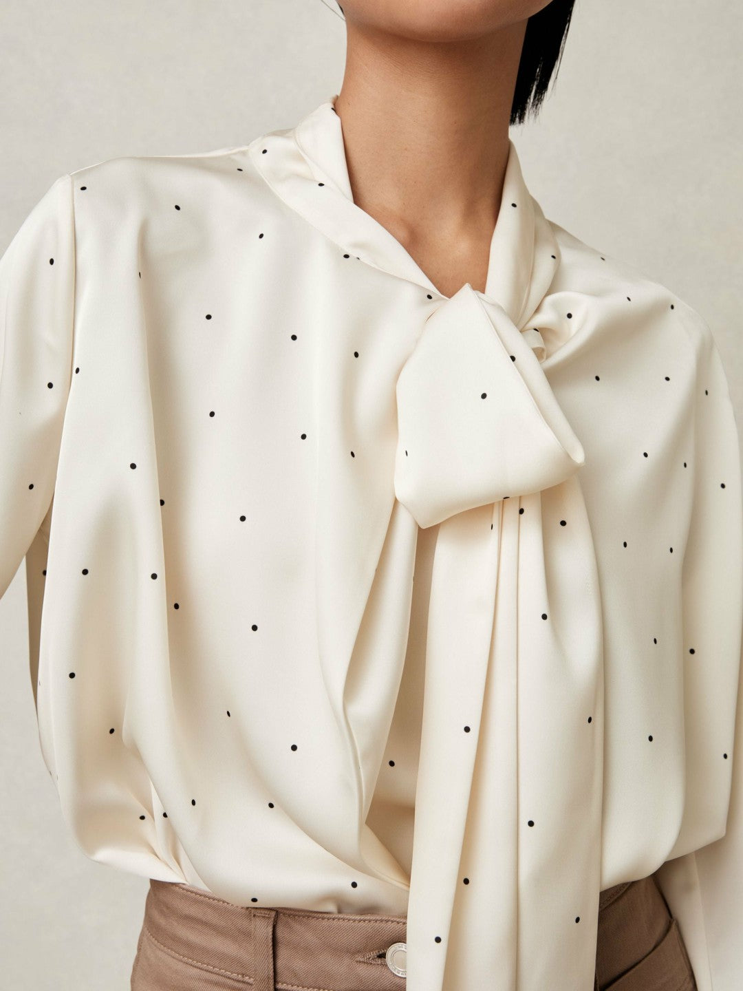 Women Satin Polka Dot Tie Neck Blouse in Ivory