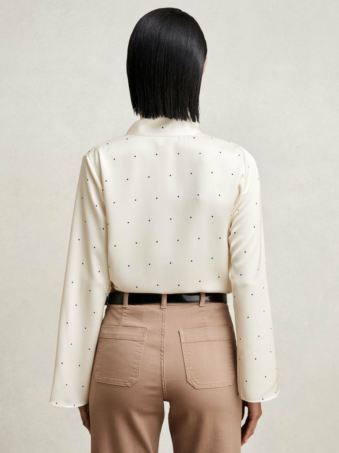 Women Satin Polka Dot Tie Neck Blouse in Ivory