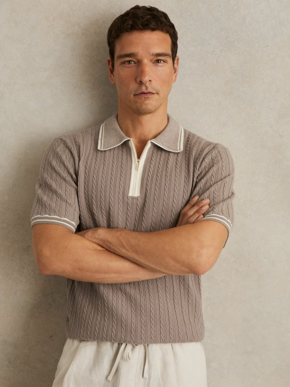 Men Micro-Cable Half-Zip Polo Shirt in Light Taupe Brown