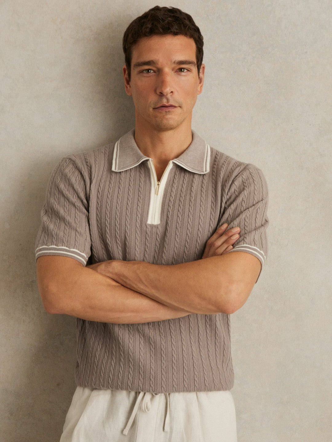 Men Micro-Cable Half-Zip Polo Shirt in Light Taupe Brown