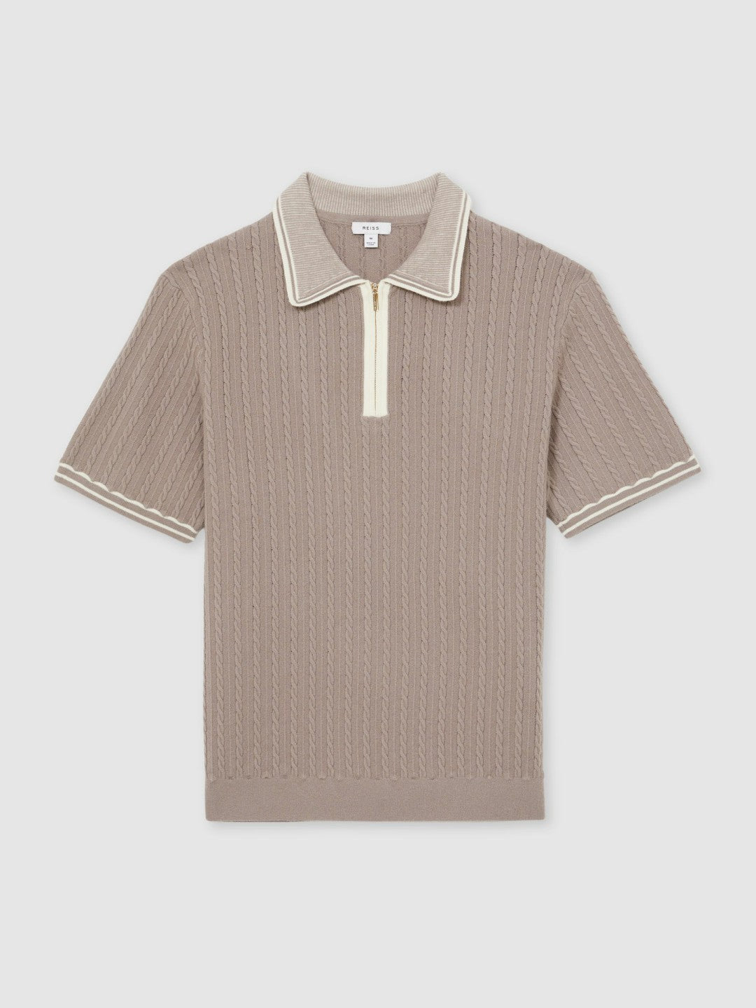 Men Micro-Cable Half-Zip Polo Shirt in Light Taupe Brown