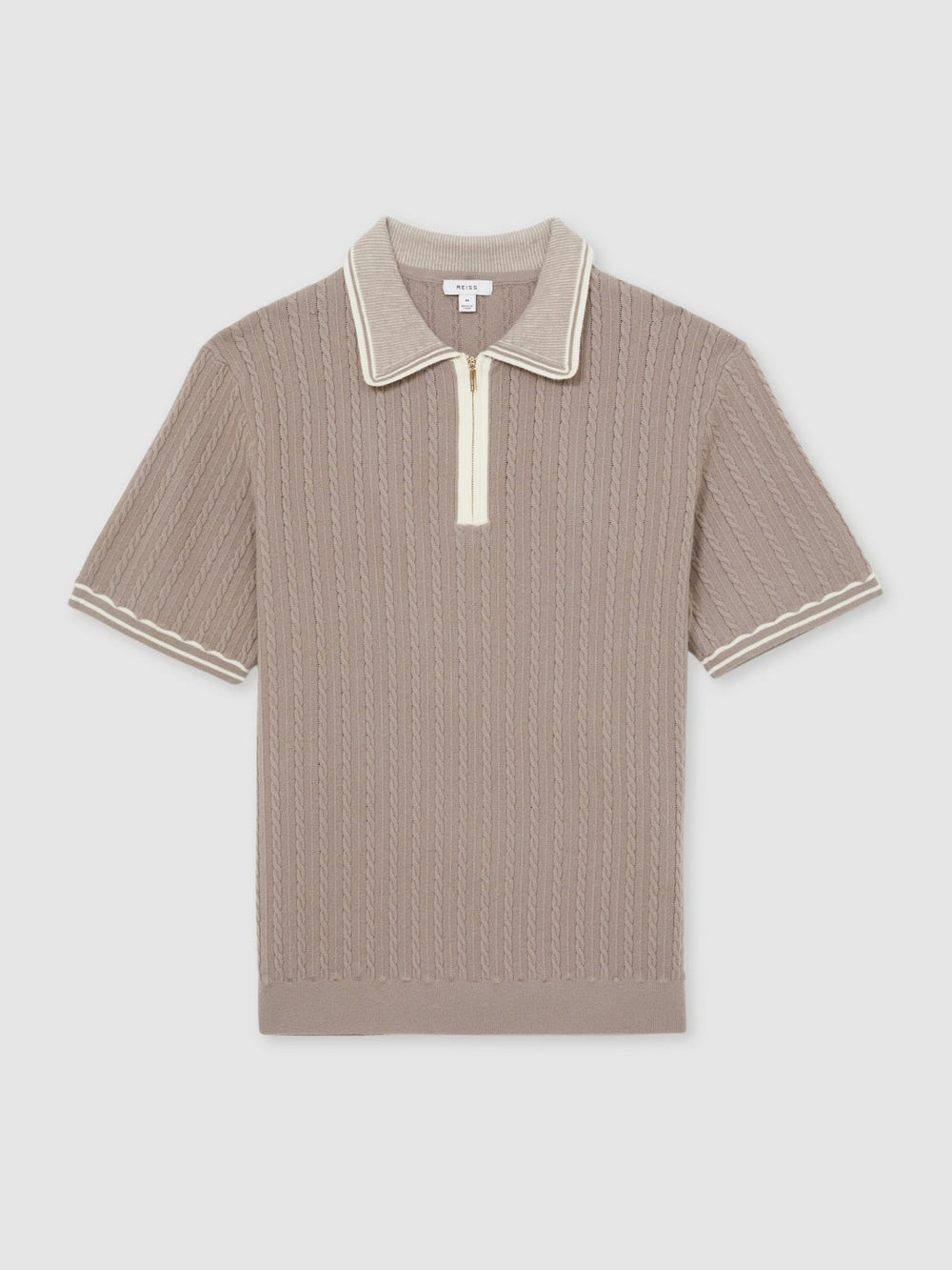 Men Micro-Cable Half-Zip Polo Shirt in Light Taupe Brown