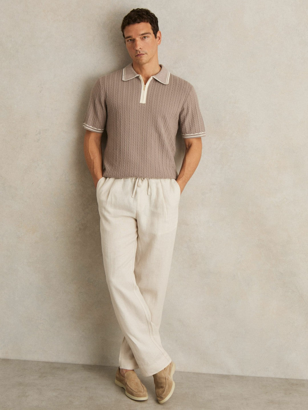 Men Micro-Cable Half-Zip Polo Shirt in Light Taupe Brown