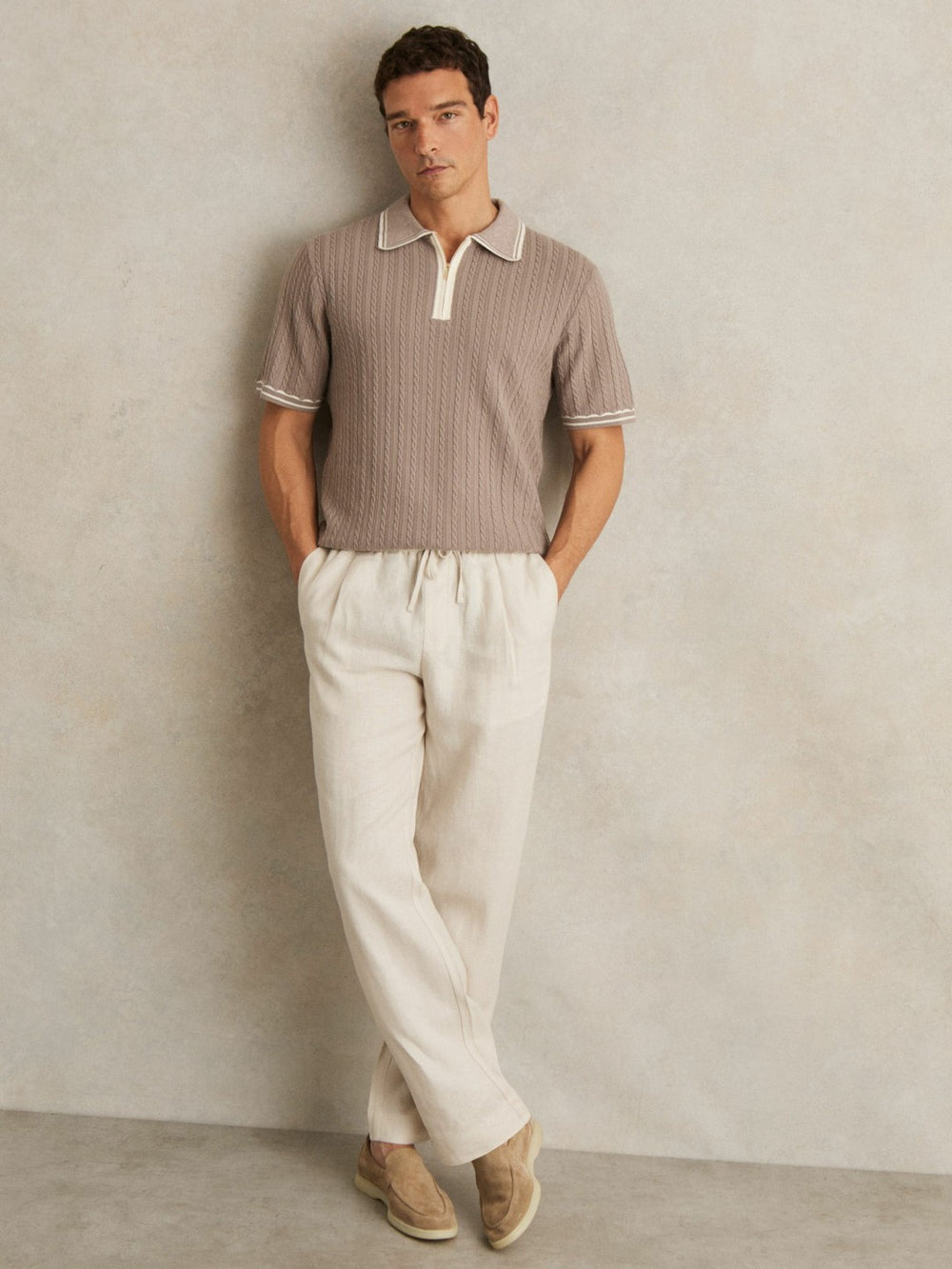 Men Micro-Cable Half-Zip Polo Shirt in Light Taupe Brown