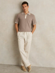 Men Micro-Cable Half-Zip Polo Shirt in Light Taupe Brown