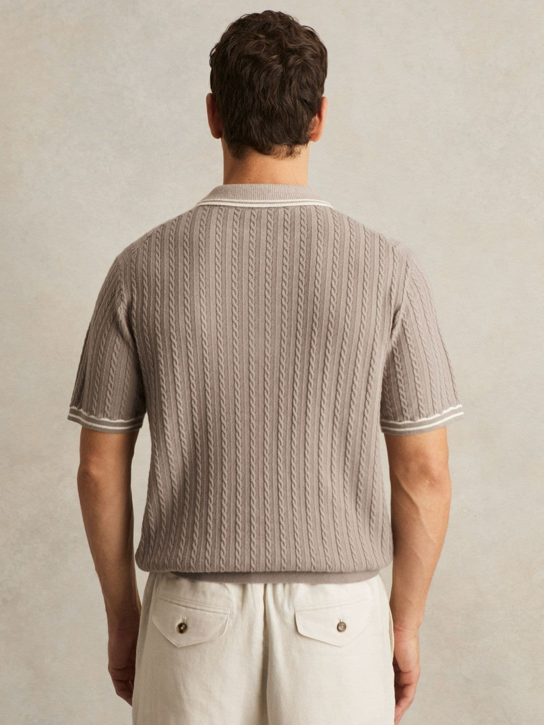 Men Micro-Cable Half-Zip Polo Shirt in Light Taupe Brown