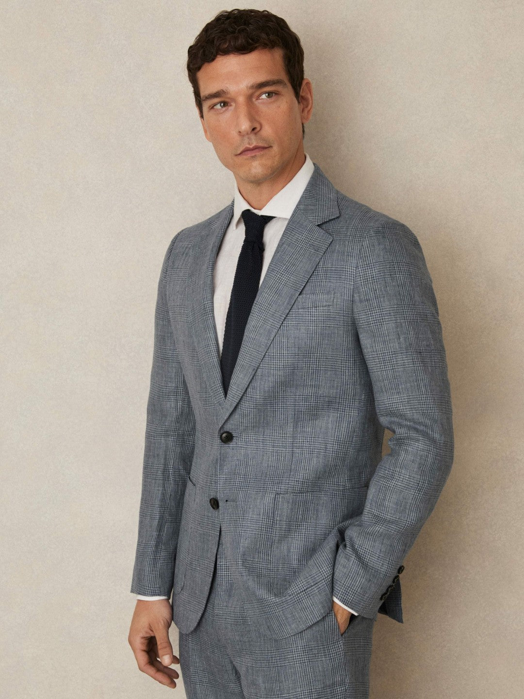 Men Slim Fit Single Breasted Linen Check Suit Blazer in Soft Blue